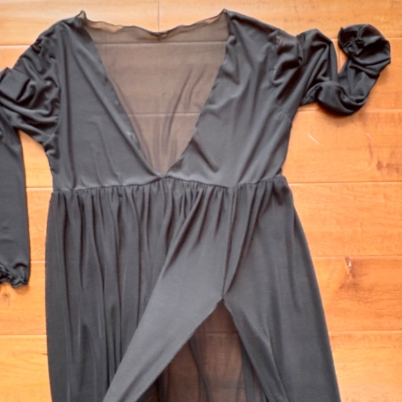 Y2K Sheer Mesh High-Slit Maxi Black Dress M 3/4 Sleeve - Picture 3 of 10